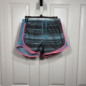 Nike Dri-FIT Running Shorts Women S Blue Striped Pink Trim Athletic Training Gym